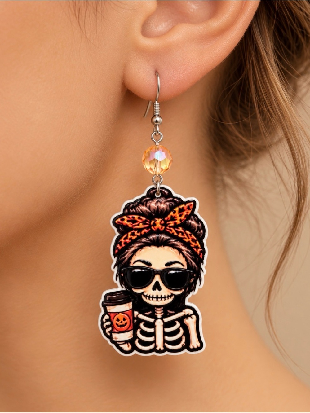Halloween Skeleton Girl Dangle Earrings with Orange Accents